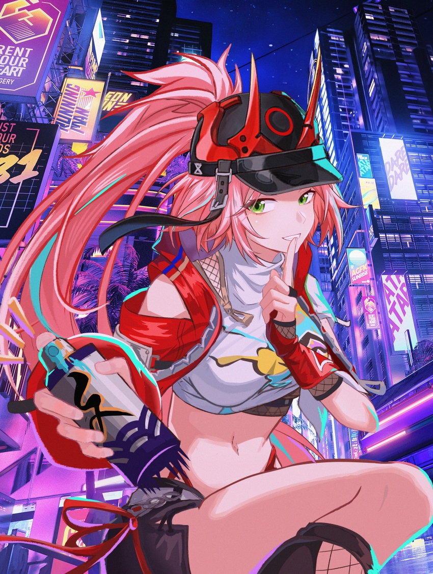 1girl, absurdres, black_hat, black_shorts, black_visor, breasts, can, chinese_commentary