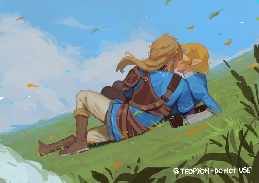 1boy, 1girl, absurdres, black_gloves, black_pants, blonde_hair, blue_shirt, boots, braid, brown_footwear, brown_pants, champion's_tunic_(zelda), cloud, cloudy_sky, commentary, couple, crown_braid, day, ear_piercing, english_commentary, fingerless_gloves, floves, gloves, grass, highres, juliet_sleeves, link, long_hair, long_sleeves, looking_at_another, lying, nintendo, on_back, on_ground, outdoors, pants, piercing, pointy_ears, princess_zelda, puffy_sleeves, pyonteo, shirt, single_shoulder_pad, sky, the_legend_of_zelda, the_legend_of_zelda:_tears_of_the_kingdom