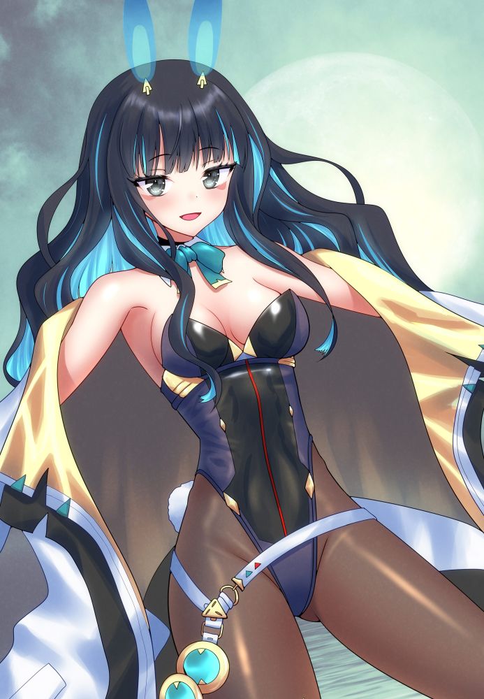 1girl, animal_ears, bare_shoulders, belt, black_hair, black_leotard, blue_hair, bow, bowtie, breasts, brown_pantyhose, cleavage, colored_inner_hair, degudoga, detached_collar, eyeliner, fake_animal_ears, fate/grand_order, fate_(series), gold_jacket, grey_eyes, highleg, highleg_leotard, jacket, leotard, long_hair, long_sleeves, looking_at_viewer, makeup, medium_breasts, multicolored_hair, multicolored_jacket, off_shoulder, open_mouth, pantyhose, playboy_bunny, rabbit_ears, sidelocks, smile, solo, tenochtitlan_(fate), tenochtitlan_(swimsuit_mooncancer)_(fate), tenochtitlan_(swimsuit_mooncancer)_(third_ascension)_(fate), thighs, two-tone_jacket, white_jacket