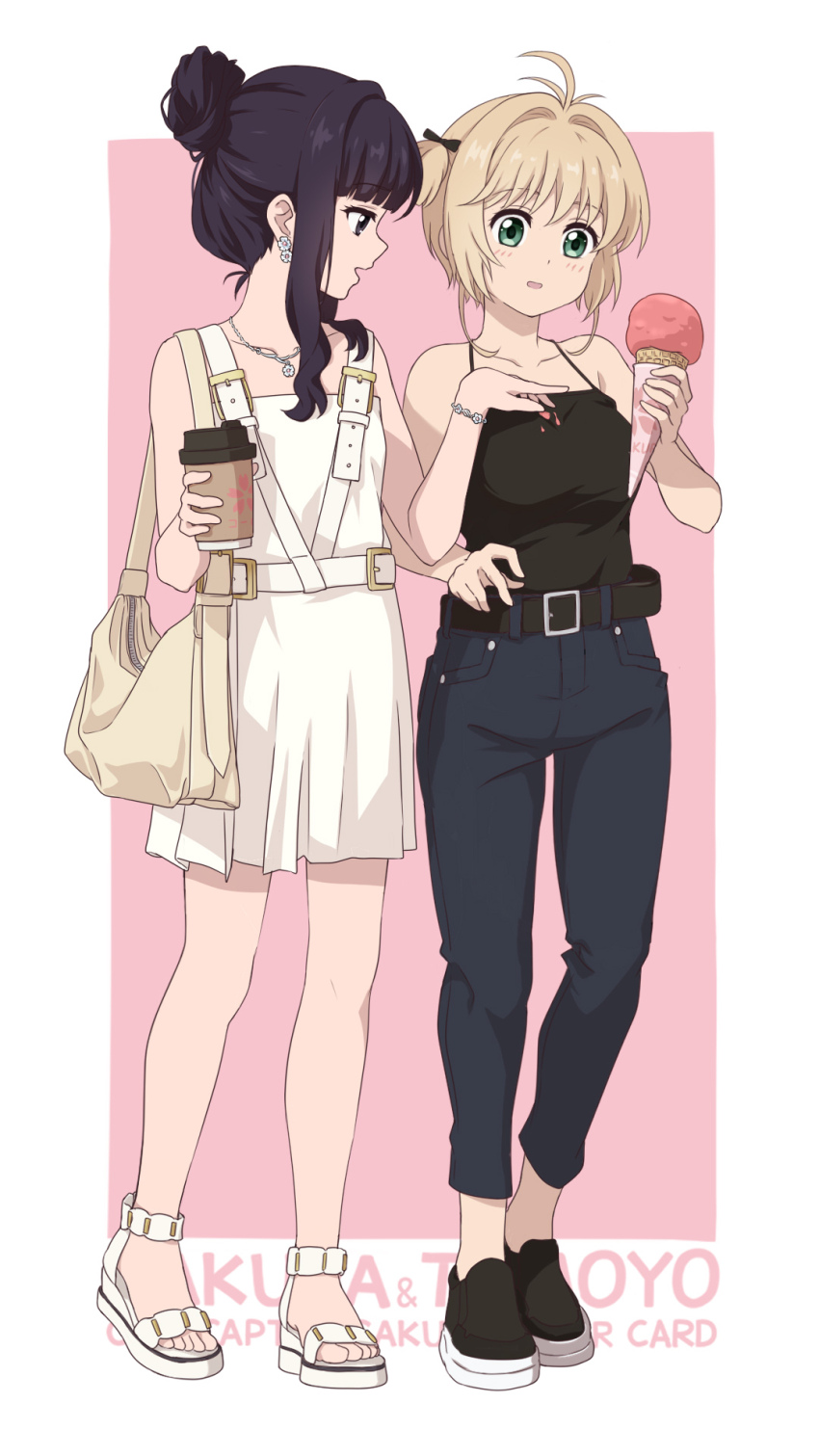 2girls, aged_up, bag, belt, black_footwear, black_hair, blonde_hair, border