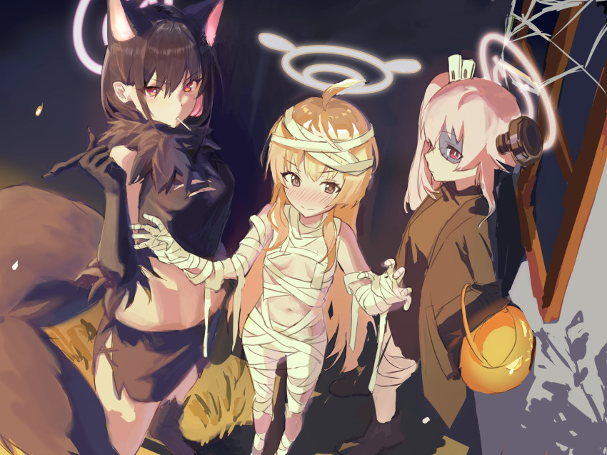 3girls, animal_ears, bandaged_arm, bandaged_hand, bandaged_head, bandaged_leg, bandages, black_claws