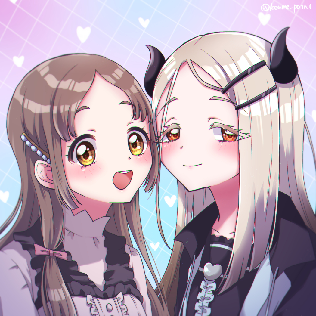 2girls, :d, blush, brown_hair, center_frills, colored_eyelashes, commentary_request, demon_horns