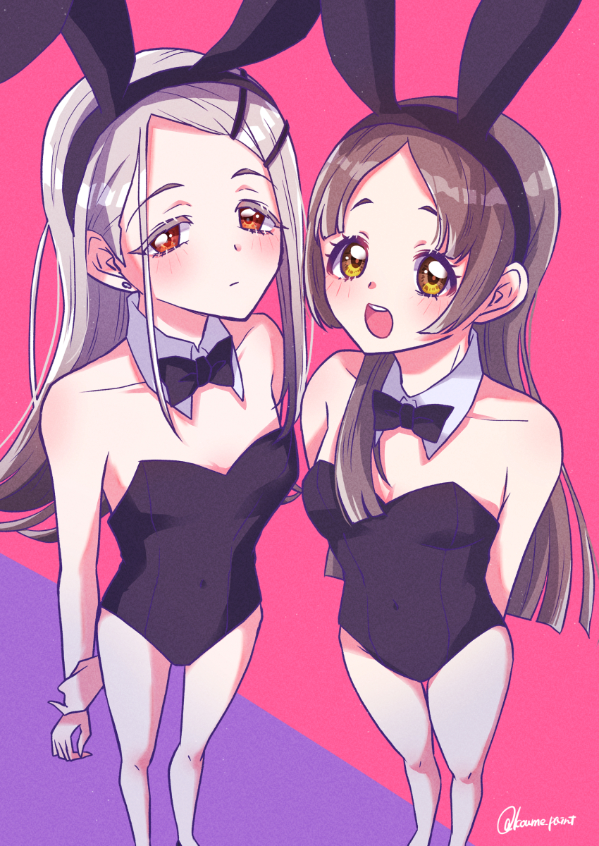 2girls, :d, absurdres, alternate_costume, animal_ear_hairband, animal_ears, arms_behind_back, bare_legs, black_bow, black_leotard, blunt_bangs, bow, breasts, brown_hair, colored_eyelashes, commentary_request, covered_navel, detached_collar, earrings, fake_animal_ears, flipped_hair, gakuen_idolmaster, gradient_hair, grey_hair, hairband, highres, idolmaster, jewelry, koume_paint, kuramoto_china, leotard, long_hair, looking_at_viewer, multicolored_hair, multiple_girls, open_mouth, parted_bangs, playboy_bunny, rabbit_ear_hairband, rabbit_ears, shinosawa_hiro, small_breasts, smile, strapless, strapless_leotard, stud_earrings, swept_bangs, twitter_username, very_long_hair