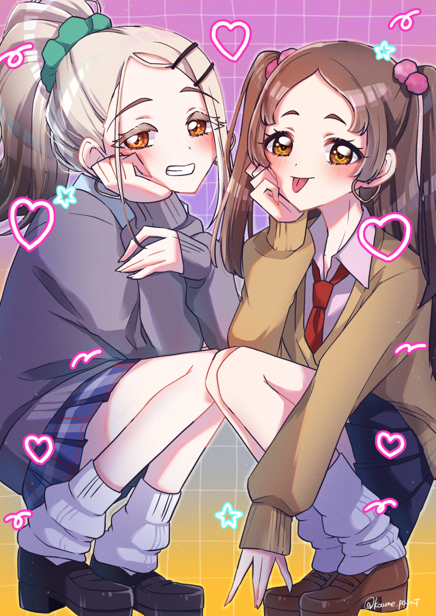 2girls, :d, :p, absurdres, black_footwear, blush, brown_cardigan, brown_footwear