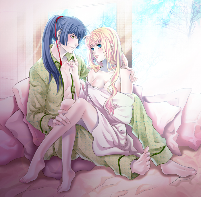 1boy, 1girl, bad_id, bad_pixiv_id, barefoot, blonde_hair, blue_eyes, blue_hair
