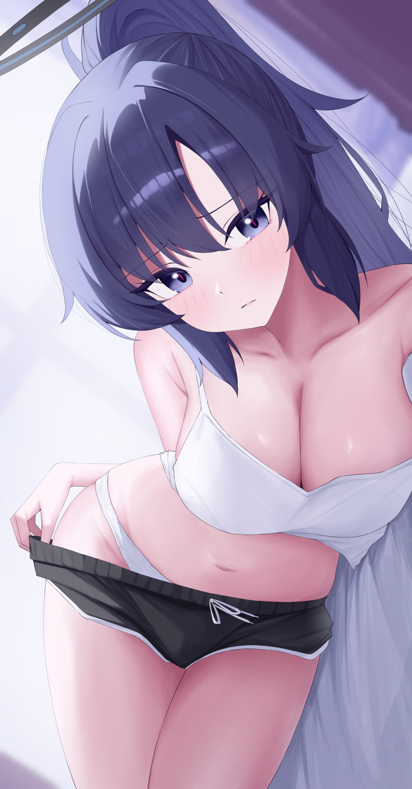 1girl, absurdres, alternate_costume, bare_legs, bed_sheet, black_shorts, blue_archive, blush, breasts, camisole, cleavage, collarbone, crop_top, halo, highres, indoors, large_breasts, looking_at_viewer, lying, on_side, panties, panties_under_shorts, ponytail, purple_eyes, purple_hair, red_pupils, sei_(0724sei6), short_shorts, shorts, sideways, solo, underwear, white_camisole, white_panties, yuuka_(blue_archive)