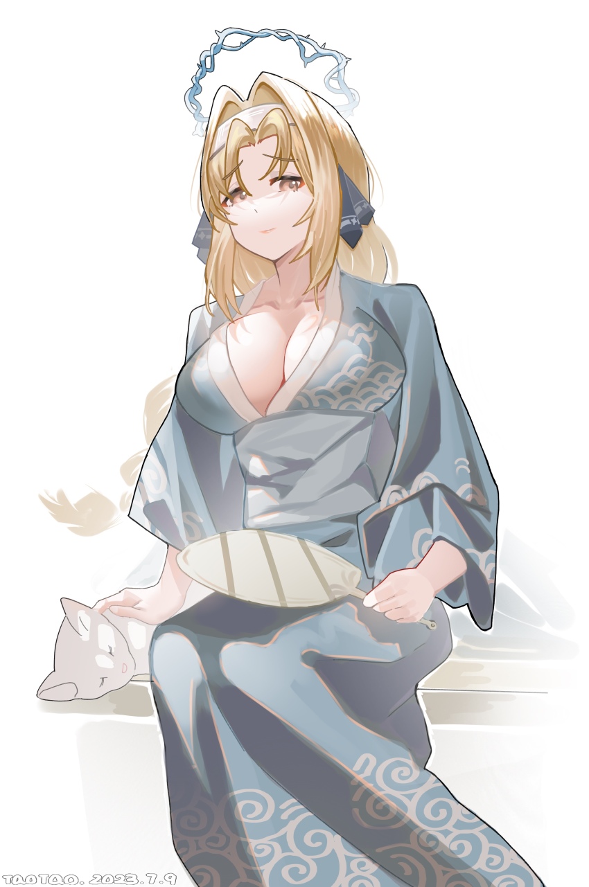 absurdres, aqua_kimono, bianca:_stigmata_(exorcist)_(pgr), bianca_(pgr), black_ribbon, blonde_hair, breasts, brown_eyes