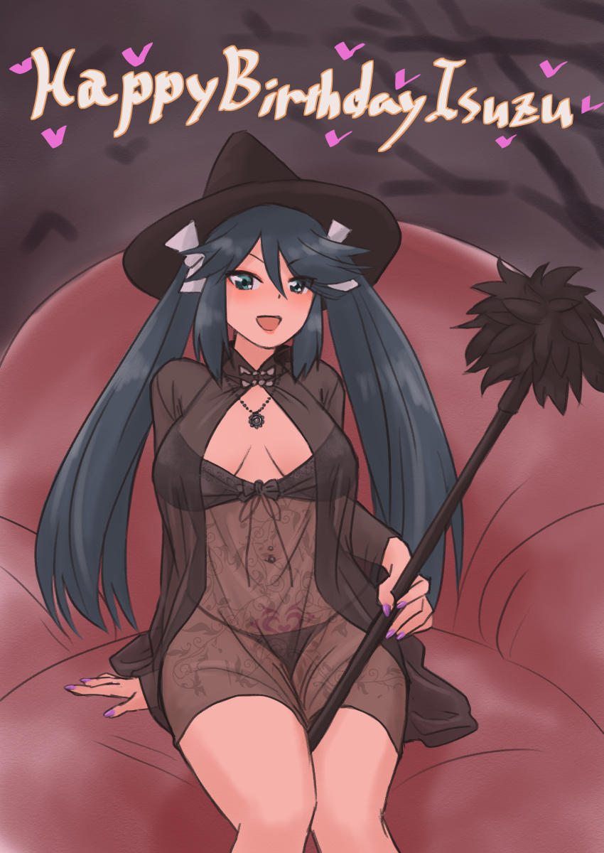 1girl, absurdres, alternate_costume, black_bra, black_coat, black_hair, black_hat, black_negligee