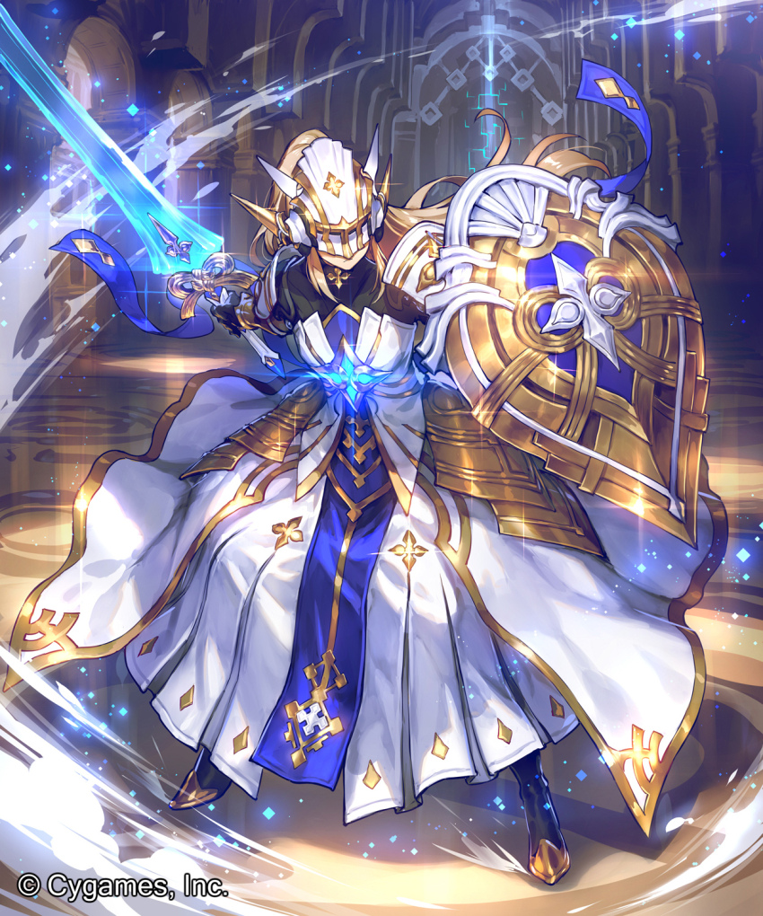 1girl, armor, armored_dress, black_footwear, blonde_hair, breasts, commentary_request, company_name, dress, full_body, helmet, high_ponytail, highres, holding, holding_shield, holding_sword, holding_weapon, holy_saber_(shadowverse), indoors, knight, large_breasts, long_dress, long_hair, looking_at_viewer, magic, multicolored_clothes, official_art, okada_manabi, ponytail, shadowverse, shield, shoulder_armor, standing, sword, weapon, white_dress