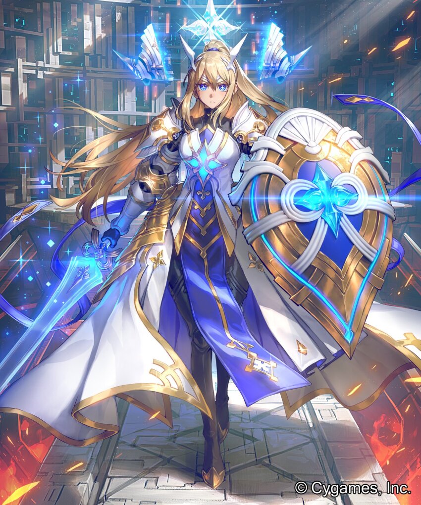 1girl, armor, armored_dress, black_footwear, blonde_hair, blue_eyes, boots, breasts, commentary_request, company_name, dress, fire, floating_headgear, from_below, full_body, hair_ribbon, headgear, headpiece, high_ponytail, highres, holding, holding_shield, holding_sword, holding_weapon, holy_saber_(shadowverse), indoors, knight, large_breasts, light_particles, light_rays, long_dress, long_hair, looking_at_viewer, magic, multicolored_clothes, official_art, okada_manabi, ponytail, ribbon, shadowverse, shield, shoulder_armor, side_slit, standing, star-shaped_pupils, star_(symbol), sword, symbol-shaped_pupils, thigh_boots, unworn_headgear, walking, weapon, white_dress