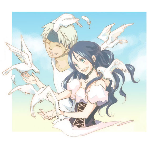 1990s_(style), 1boy, 1girl, bird, blue_hair, dress, closed_eyes, final_fantasy