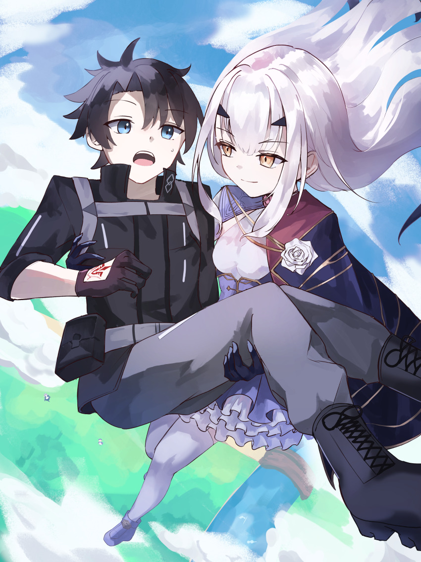 1boy, 1girl, absurdres, black_footwear, black_gloves, black_hair, blue_capelet, blue_dress