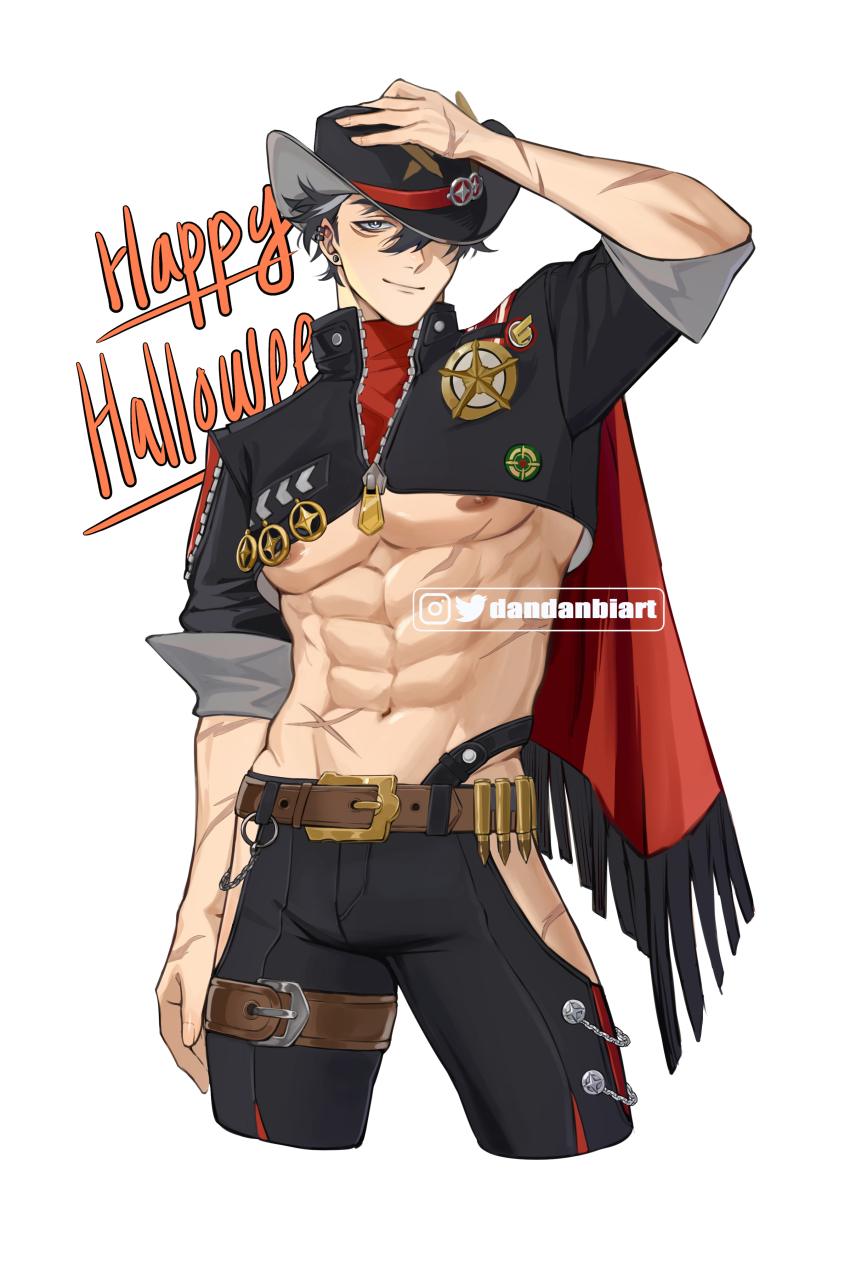 1boy, abs, absurdres, ammunition_belt, arm_up, badge, belt, belt_buckle