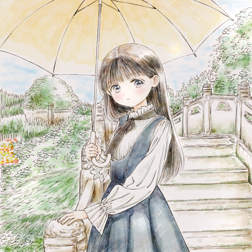 1girl, akebi-chan_no_serafuku, akebi_komichi, artist_name, black_hair, black_ribbon, bridge, cohaqur, dress, grey_dress, highres, holding, holding_umbrella, long_hair, long_sleeves, looking_at_viewer, painting_(medium), park, rain, ribbon, standing, traditional_media, umbrella, watercolor_(medium)