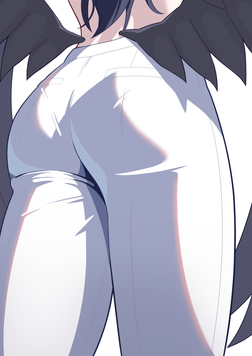 1girl, absurdres, ass, ass_focus, black_hair, black_wings, blue_archive, feathered_wings, from_behind, highres, ichika_(blue_archive), ichika_(suit)_(blue_archive), long_hair, low_wings, lower_body, pants, schwarz_rubin, simple_background, solo, white_background, white_pants, wings