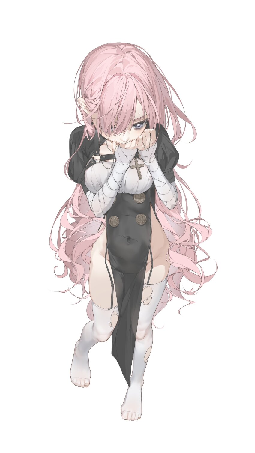 1girl, absurdres, bags_under_eyes, bandaged_arm, bandaged_hand, bandages, black_dress, breasts