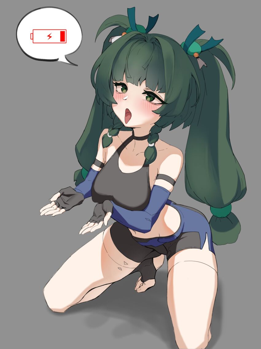 1girl, absurdres, arm_strap, bare_shoulders, battery_indicator, black_choker, black_gloves, black_shorts