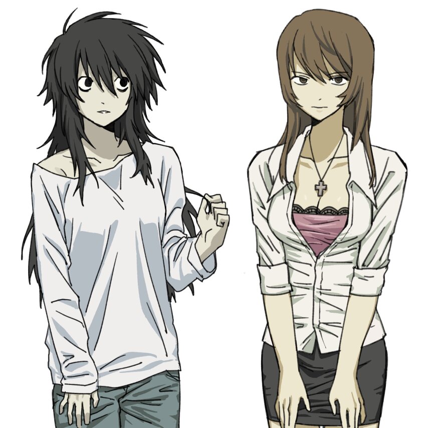 2girls, bags_under_eyes, black_eyes, black_hair, black_skirt, blue_pants, breasts, brown_eyes, brown_hair, cleavage, collared_shirt, colorized, cowboy_shot, cross, death_note, fckdup_asht, formal_clothes, genderswap, genderswap_(mtf), hand_in_own_hair, highres, jacket, l_(death_note), long_hair, long_sleeves, looking_at_another, looking_at_viewer, multiple_girls, pale_skin, pants, pencil_skirt, shirt, skirt, suit, suit_jacket, white_background, white_shirt, yagami_light
