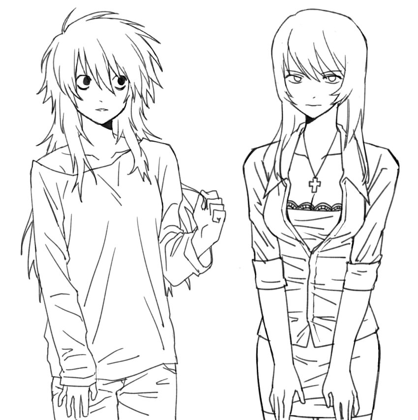 2girls, bags_under_eyes, black_eyes, breasts, cleavage, cowboy_shot, cross, death_note