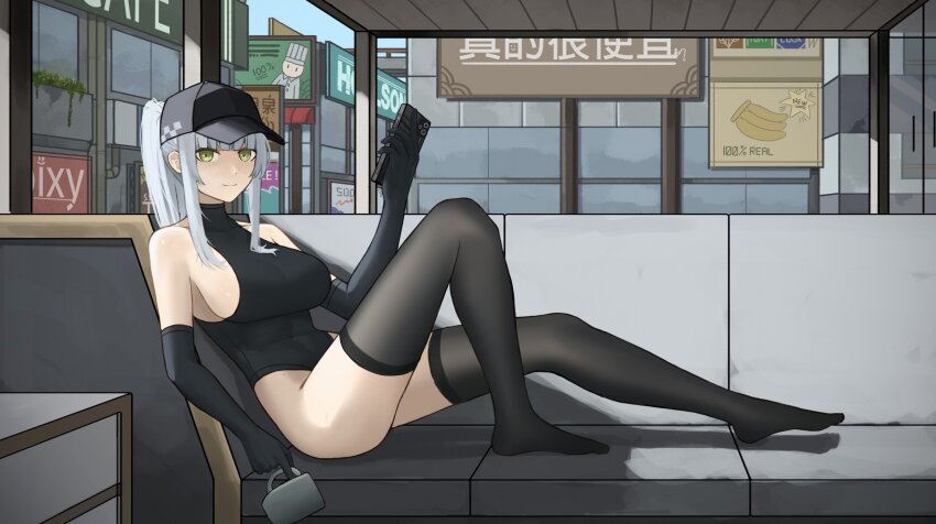 1girl, absurdres, black_gloves, black_hat, black_leotard, black_thighhighs, breasts, cellphone, commentary, elbow_gloves, english_commentary, from_side, girls'_frontline, girls'_frontline_2:_exilium, gloves, green_eyes, grey_hair, hat, high_ponytail, highres, hk416_(girls'_frontline), holding, holding_phone, indoors, klukai_(girls'_frontline_2), large_breasts, leotard, looking_at_viewer, lynx_aidenn, phone, ponytail, sitting, smartphone, smile, solo, thighhighs, visor_cap