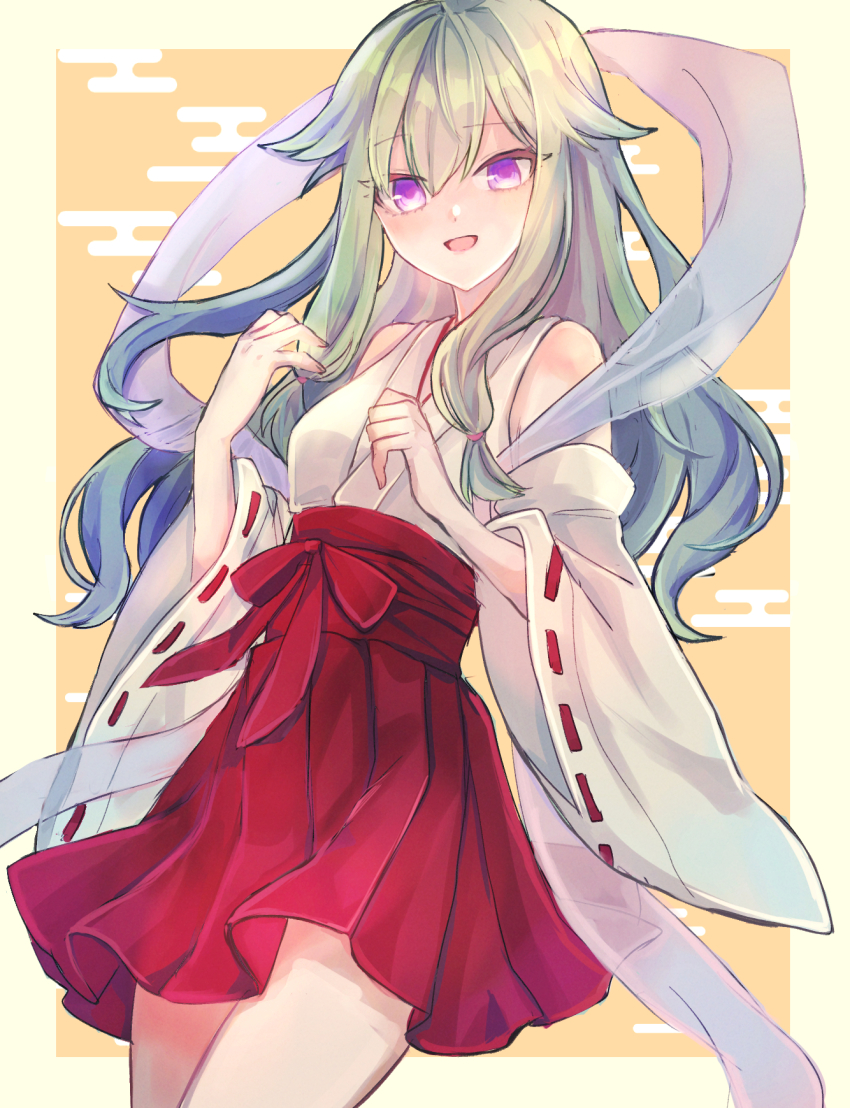 1girl, :d, bare_shoulders, blush, breasts, detached_sleeves, egasumi, green_hair, hagoromo, hair_between_eyes, hakama, hakama_skirt, highres, iroirokaname, japanese_clothes, kimono, kusanagi_nene, long_hair, long_sleeves, looking_at_viewer, miko, open_mouth, project_sekai, purple_eyes, red_hakama, red_skirt, ribbon-trimmed_sleeves, ribbon_trim, sash, shawl, skirt, sleeveless, sleeveless_kimono, smile, solo, very_long_hair, white_kimono, wide_sleeves