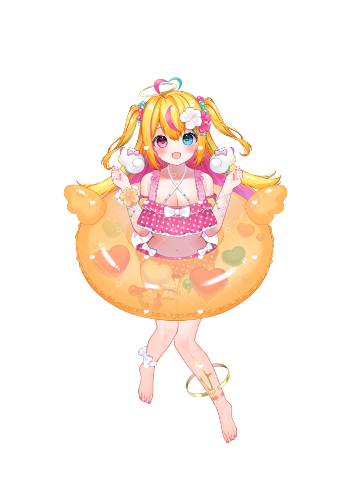 1girl, :d, ahoge, barefoot, bikini, blonde_hair, blue_eyes, blue_hair