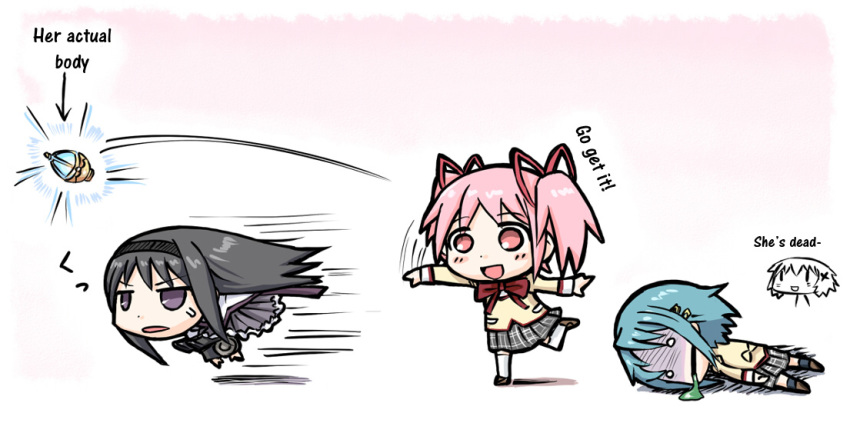 10s, 3girls, akemi_homura, baragon, black_eyes, black_hair, blue_hair, hard-translated