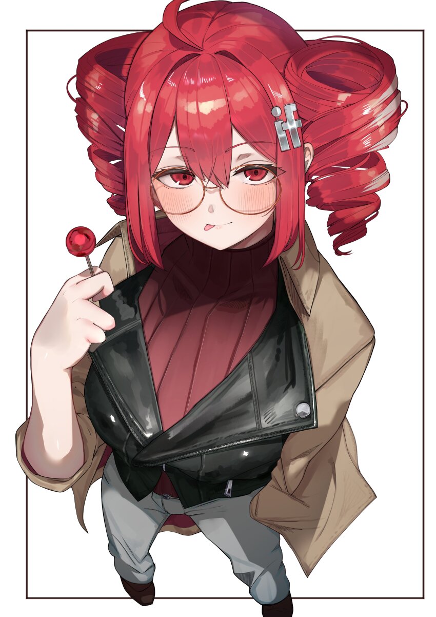 1girl, absurdres, ahoge, alternate_costume, black_jacket, blush, breasts, brown_coat