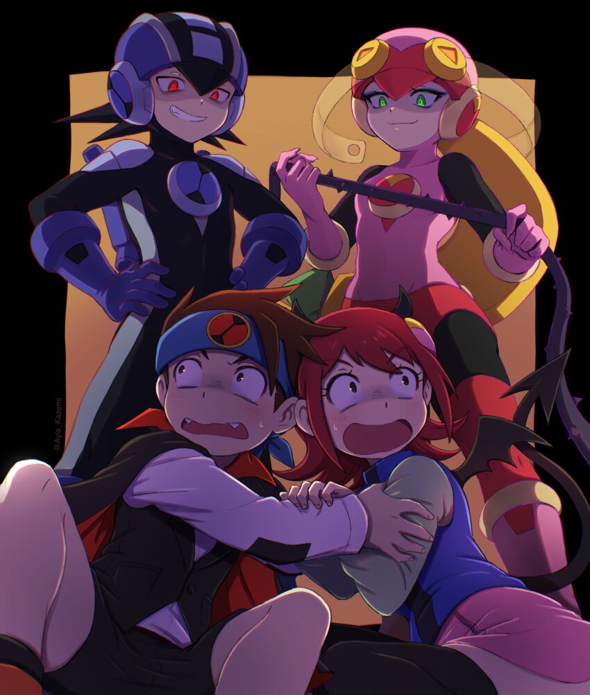 2boys, 2girls, ayla_kazemi, black_bodysuit, black_border, black_cape, black_vest, blonde_hair, blue_headband, blue_jacket, bodysuit, border, brown_hair, cape, dark_megaman.exe, demon_tail, demon_wings, fangs, gradient_background, green_eyes, halloween_costume, headband, helmet, highres, holding, holding_whip, jacket, lan_hikari_(mega_man), leotard, long_hair, mayl_sakurai_(mega_man), medium_hair, mega_man_(series), mega_man_battle_network_(series), megaman.exe, multiple_boys, multiple_girls, orange_background, pink_helmet, pink_leotard, pink_skirt, red_eyes, red_hair, roll.exe_(mega_man), shirt, short_hair, simple_background, skirt, smirk, tail, vampire_costume, vest, white_shirt, wings