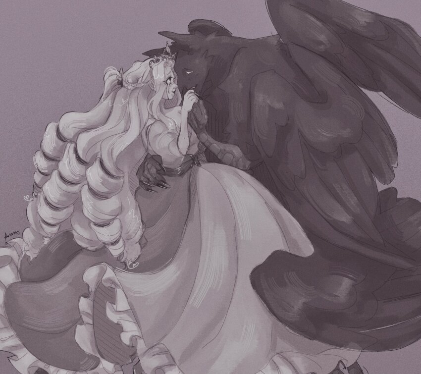 1boy, 1girl, arm_around_another's_waist, bird_boy, circusmantis, claws, dress, drill_hair