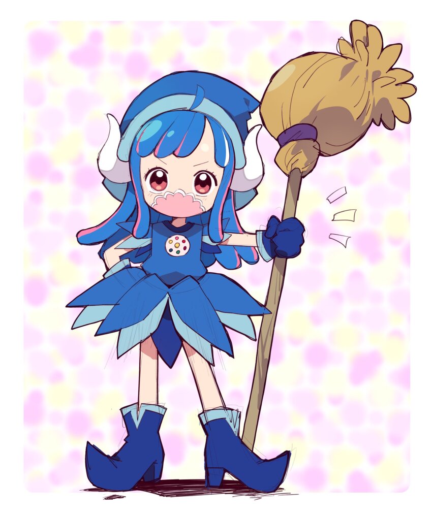 1girl, blue_boots, blue_gloves, blue_hair, boots, broom, commentary_request, cosplay