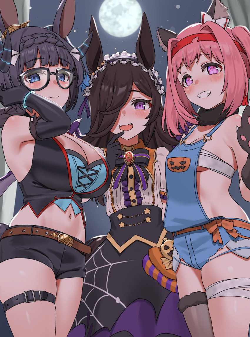 3girls, absurdres, alternate_costume, alternate_hairstyle, animal_ears, black_hair, breasts, cleavage