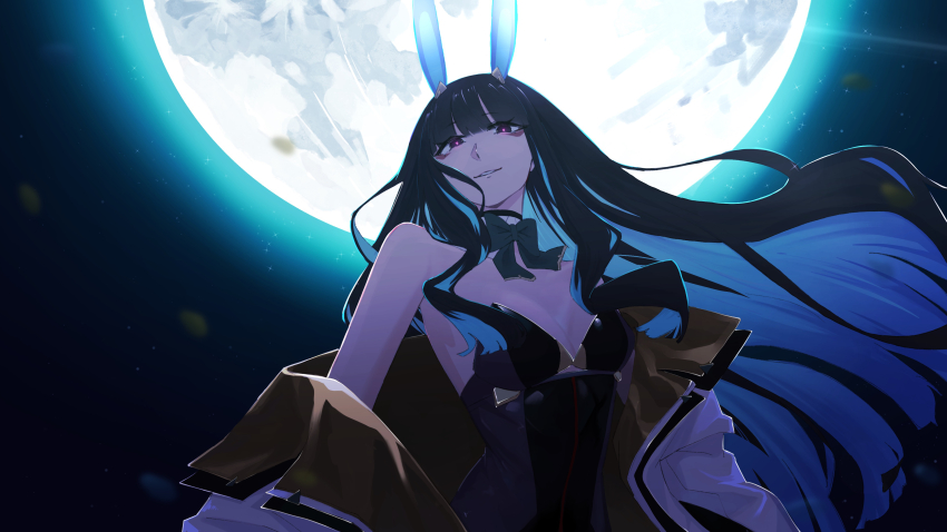 1girl, absurdres, animal_ears, bare_shoulders, black_hair, black_leotard, blue_hair, bow