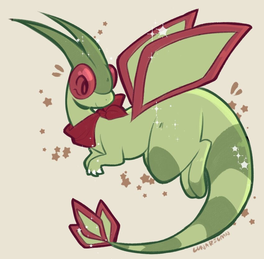 animal_focus, claws, commentary, english_commentary, flygon, flying, full_body, gen_3_pokemon, green_theme, highres, neckerchief, nintendo, no_humans, pokemon, pokemon_(creature), red_(lunariumn), red_neckerchief, signature, simple_background, smile, star_(symbol), striped_tail, tail, wings