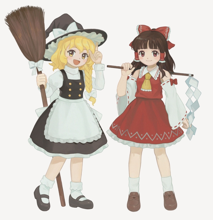2girls, apron, ascot, back_bow, bare_shoulders, black_footwear, black_hat, black_skirt