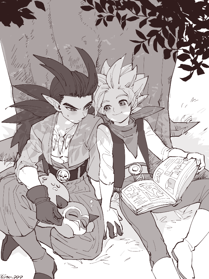 4boys, bone_necklace, book, boots, commentary_request, dragon_quest, dragon_quest_builders_2, eye_contact