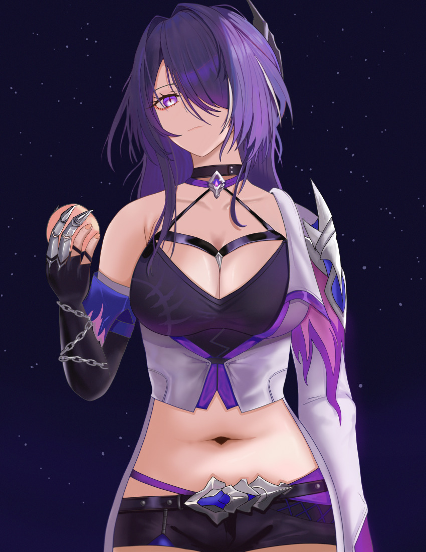 1girl, absurdres, acheron_(honkai:_star_rail), black_choker, black_gloves, black_shorts, choker, coat