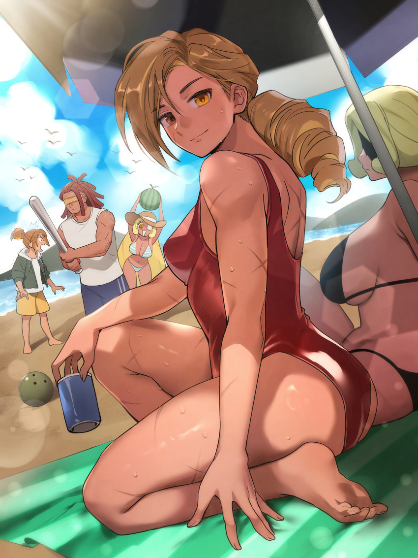 1boy, 4girls, :d, @_@, absurdres, alternate_costume, ball, baseball_bat