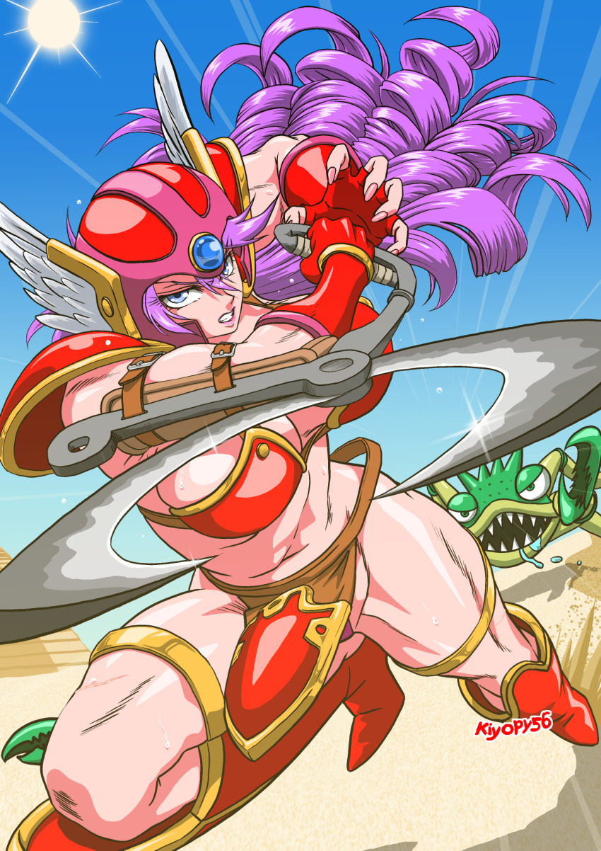 armor, bikini, bikini_armor, blue_eyes, blue_sky, breasts, cleavage, desert, dragon_quest, dragon_quest_iii, drill_hair, helmet, highres, holding, holding_weapon, kiyopy, long_hair, muscular, muscular_female, purple_hair, red_armor, red_bikini, red_helmet, sky, warrior_(dq3), solo_focus, sunlight, swimsuit, weapon