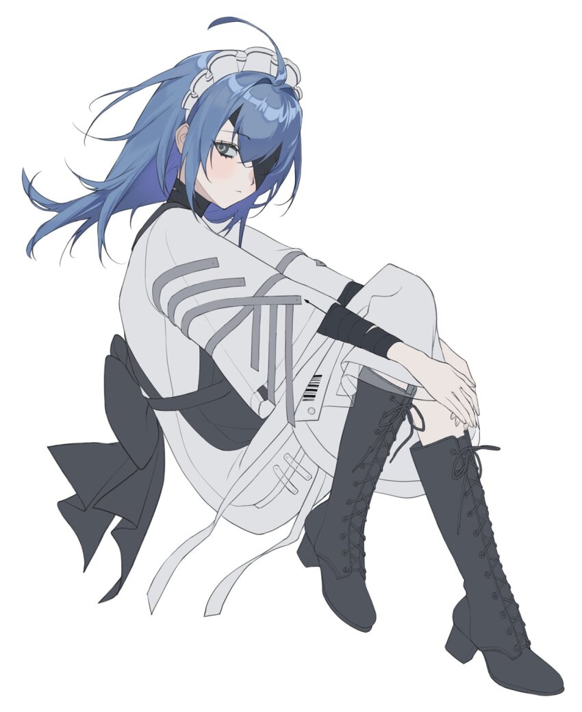 1girl, 3shine_02, ahoge, apron, back_bow, black_apron, black_boots, blindfold, blue_hair, blush, boots, bow, commentary, expressionless, from_side, full_body, grey_eyes, hair_intakes, hashtag-only_commentary, hecate_(path_to_nowhere), highres, huge_ahoge, knee_boots, knees_up, long_hair, looking_to_the_side, maid_headdress, neck_wrap, path_to_nowhere, robe, simple_background, solo, white_background, white_robe, wide_sleeves