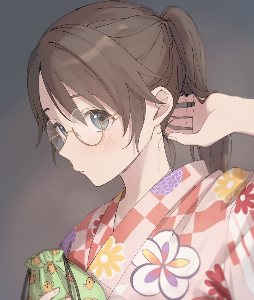 1girl, adjusting_hair, bag, black_hair, blue_eyes, blush, checkered_clothes, checkered_kimono