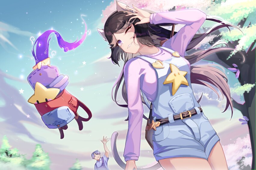 1boy, 1girl, animal_ears, backpack, bag, belt, blue_overalls, breasts