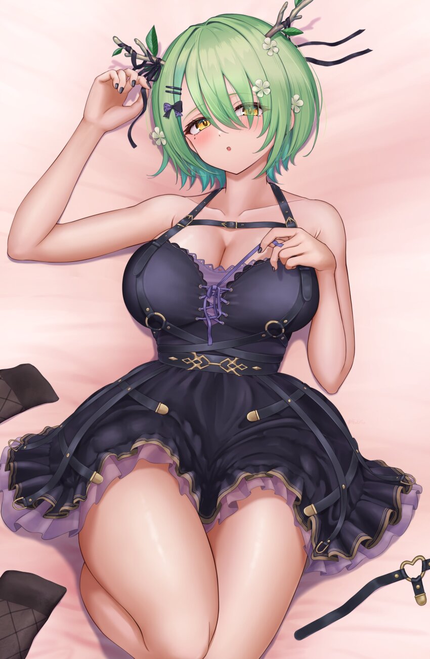 1girl, absurdres, antlers, bare_shoulders, black_dress, breasts, ceres_fauna, ceres_fauna_(goth)