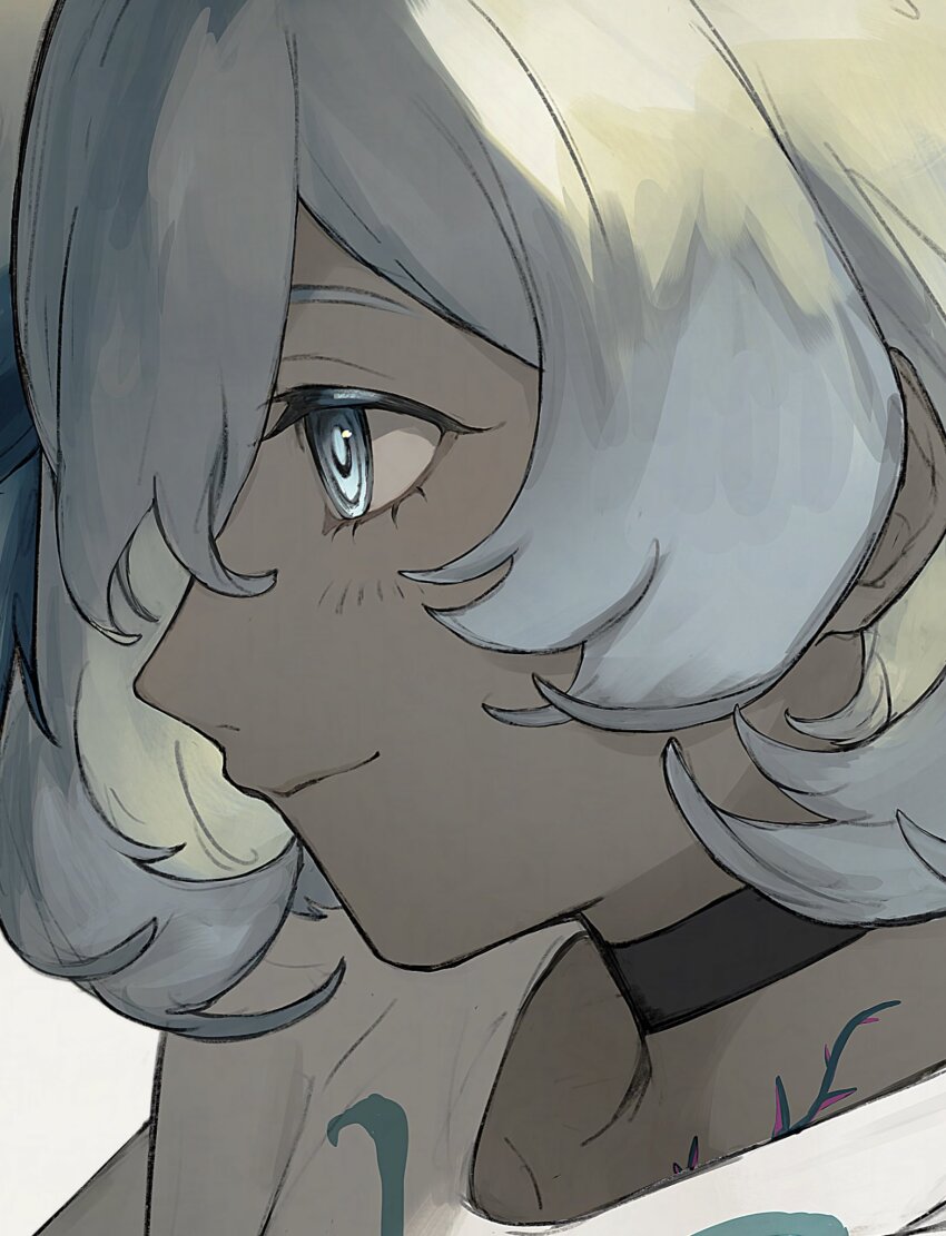 1boy, black_choker, blue_eyes, blush, body_markings, choker, closed_mouth, dark-skinned_male