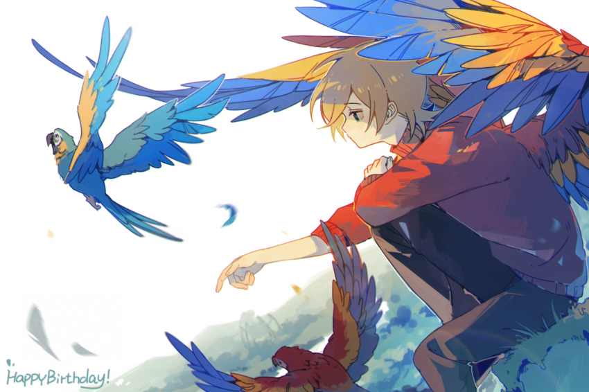 1boy, bird, bird_boy, bird_wings, blue-and-yellow_macaw, brown_hair, commentary, english_commentary