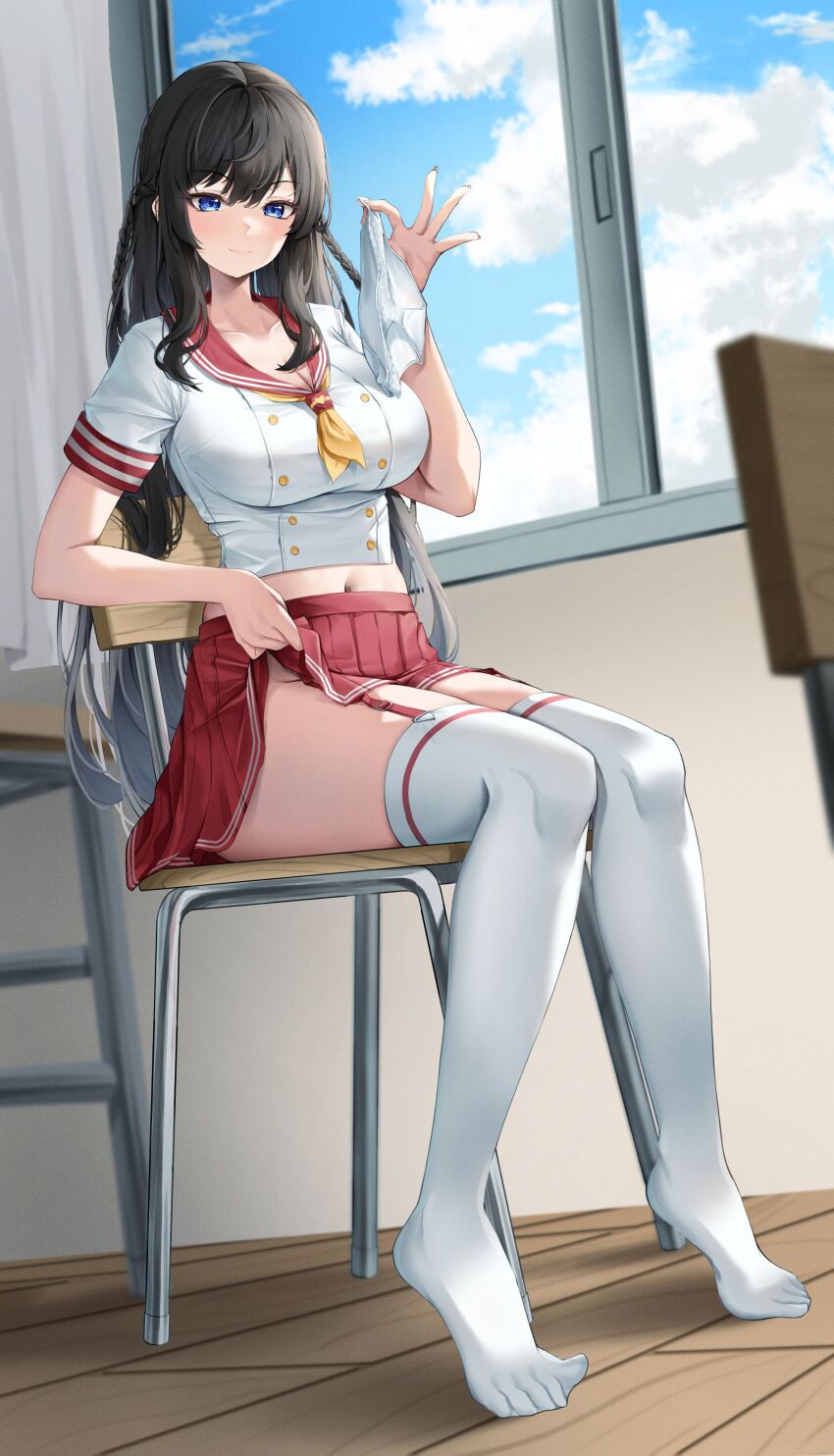 1girl, :3, absurdres, artist_request, black_hair, blue_eyes, braid, breasts, buttons, chair, check_artist, classroom, cleavage, closed_mouth, clothes_lift, commission, crop_top, double-breasted, feet, full_body, garter_straps, hand_up, highres, holding, holding_panties, holding_underwear, holding_unworn_clothes, indoors, knees_together_feet_apart, large_breasts, legs, lifting_own_clothes, lochi's_character, long_hair, looking_at_viewer, midriff, miniskirt, navel, neckerchief, no_shoes, original, panties, pleated_skirt, red_sailor_collar, red_skirt, sailor_collar, school_chair, school_uniform, second-party_source, serafuku, shirt, short_sleeves, sitting, skirt, skirt_lift, smile, solo, thighhighs, thighs, toes, underwear, unworn_panties, very_long_hair, white_shirt, white_thighhighs, yellow_neckerchief, yuon_6262