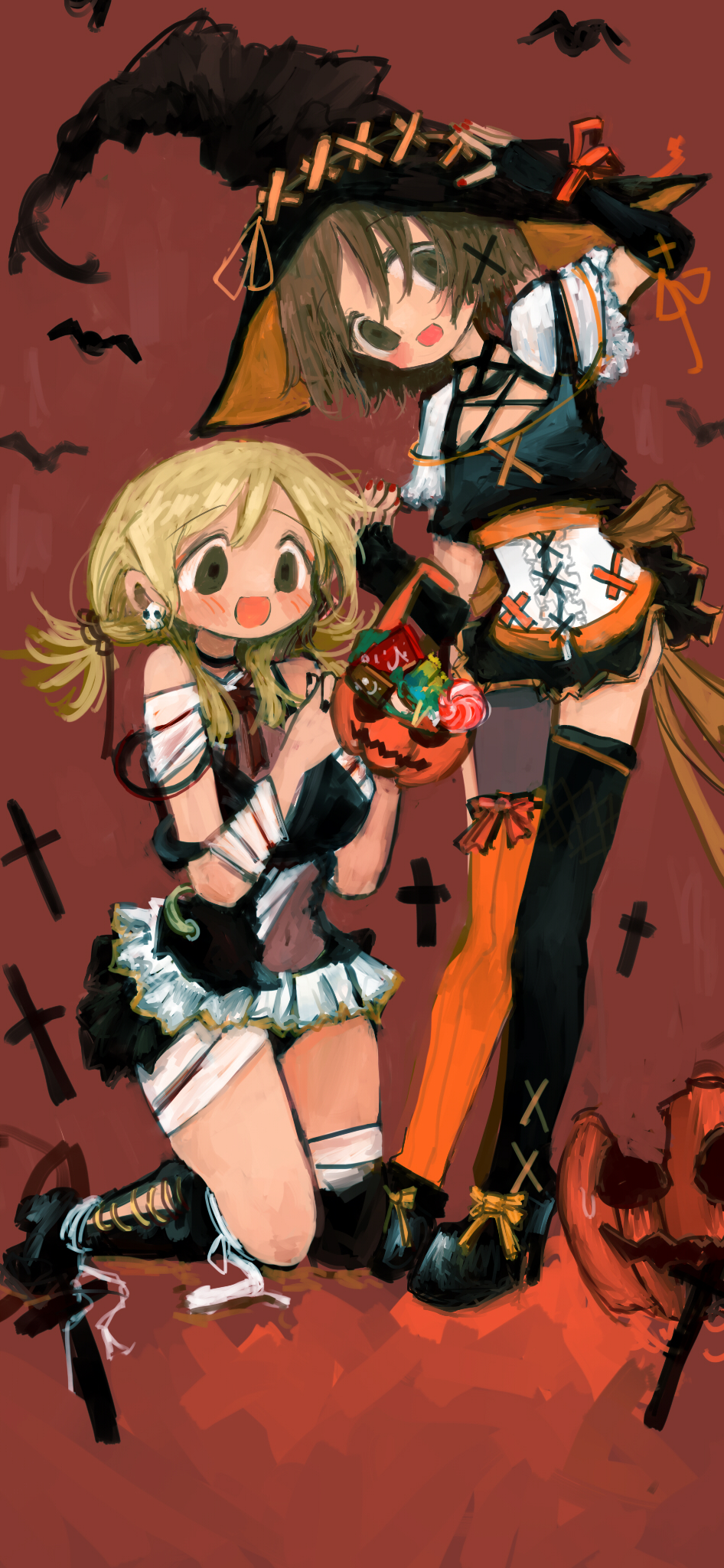 2girls, :d, asymmetrical_legwear, bag, bandages, black_choker, black_dress, black_footwear