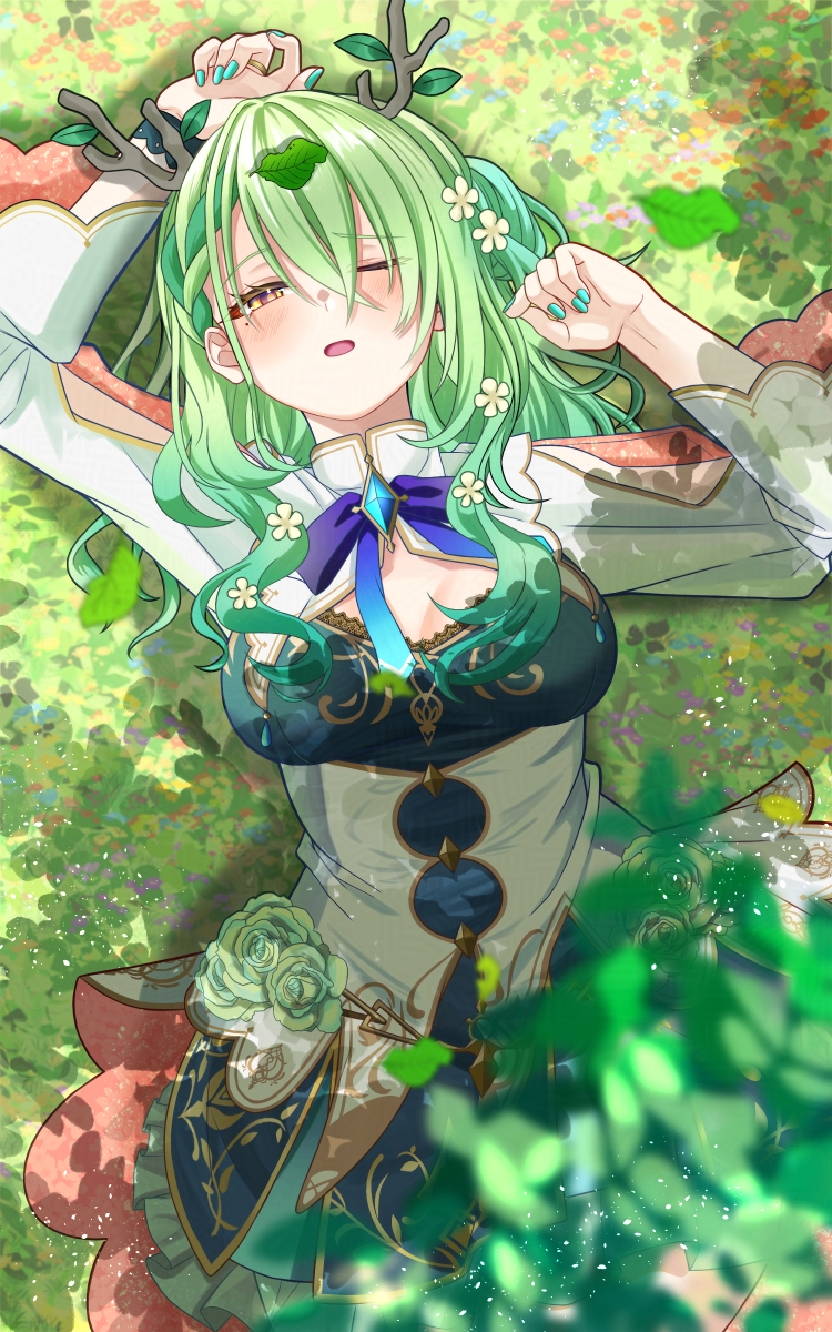 1girl, antlers, blurry, blurry_foreground, blush, breasts, ceres_fauna, ceres_fauna_(1st_costume)