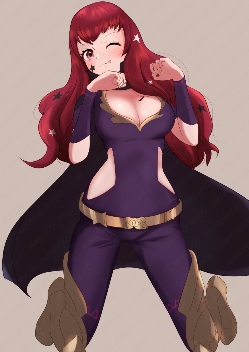 1girl, bad_dobbyyyyy, belt, black_cape, bodysuit, breasts, cape, cleavage