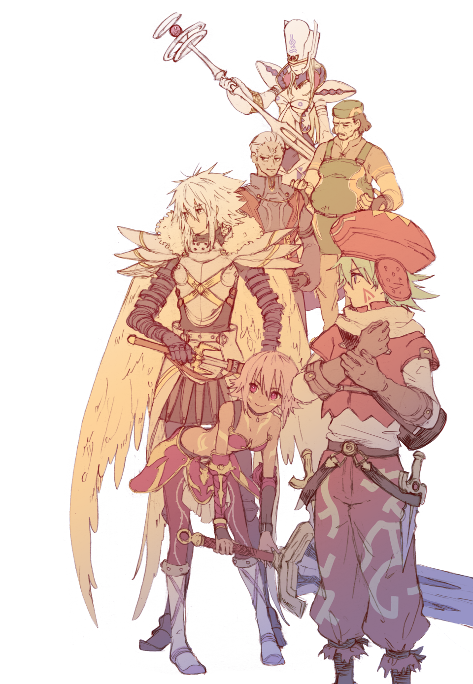 .hack//, .hack//games, 2girls, 4boys, apron, aqua_hair, arm_guards, armor, balmung_(.hack//), bandeau, belt, bikini_armor, black_gloves, blackrose_(.hack//), blue_armor, boots, breastplate, breasts, brown_gloves, brown_hair, commentary_request, covered_eyes, cropped_jacket, dagger, dark_skin, facial_hair, facial_mark, fat, fat_man, faulds, feathered_wings, forehead_mark, gauntlets, gloves, green_apron, green_hat, hand_on_own_wrist, hat, helba_(.hack//), high_collar, highres, holding, holding_staff, holding_sword, holding_weapon, huge_weapon, jacket, kite_(.hack//), kneehighs, knife, leaning_forward, lios_(.hack//), long_sleeves, looking_to_the_side, mage_staff, medium_breasts, multiple_boys, multiple_girls, mustache, open_clothes, open_jacket, orange_hat, orange_jacket, orange_pants, pants, purple_eyes, purple_hair, robe, ruhuna_02, scabbard, sepia, sheath, shirt, short-sleeved_jacket, short_hair, short_sleeves, shoulder_armor, sidelocks, simple_background, small_breasts, smile, socks, staff, sword, tall_hat, thorn_print, triangle, triangle_facial_mark, unsheathing, very_short_hair, weapon, white_background, white_bandeau, white_boots, white_hair, white_hat, white_jacket, white_shirt, wings, wiseman_(.hack//)